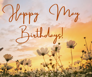 Happy May Birthdays! Sunset sky with a field of white poppies.